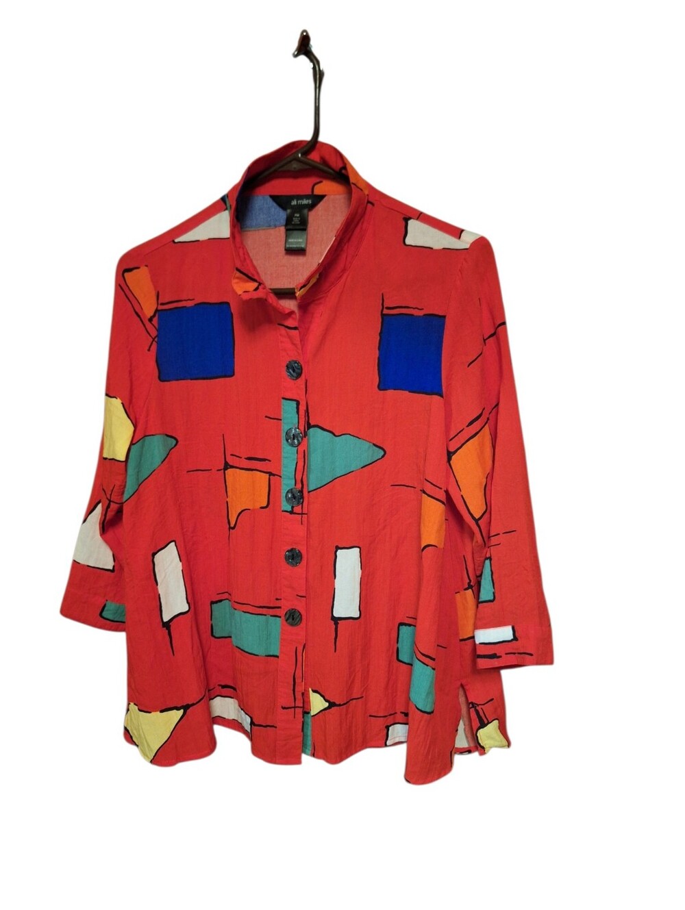 Ali Miles Abstract Red Petite Medium Button Down Blouse Colorful Artsy